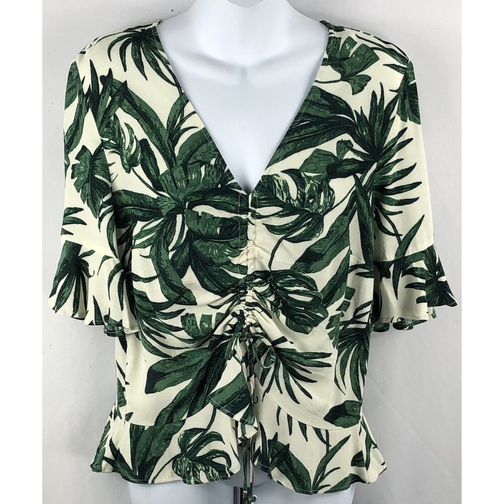 Vintage Ruffle Top 10 Green/Wht Floral Ruched Tie Front Cropped Aloha Tropical